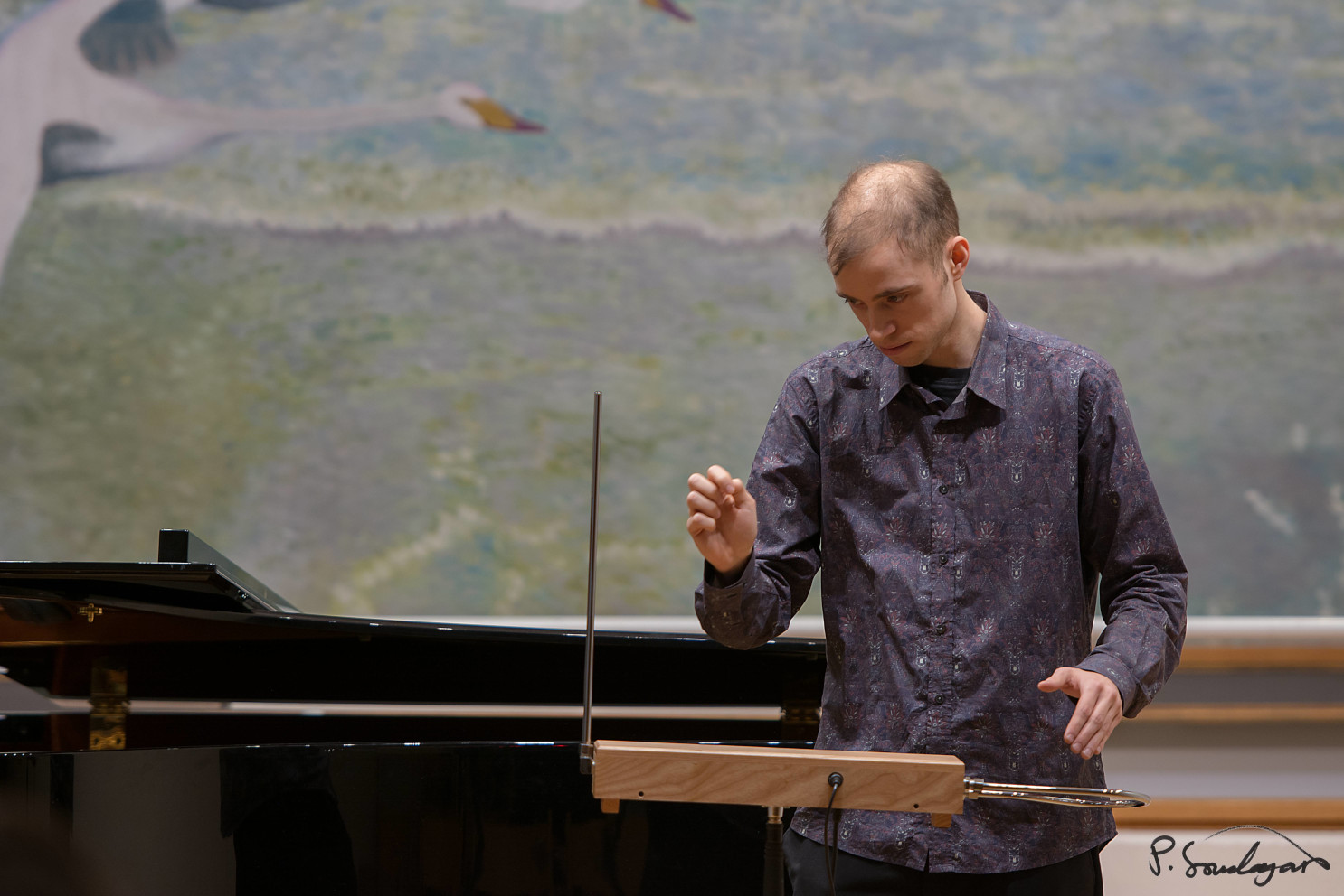 Photo of Fritiof Palm playing the theremin, signed by P. Soudagar.